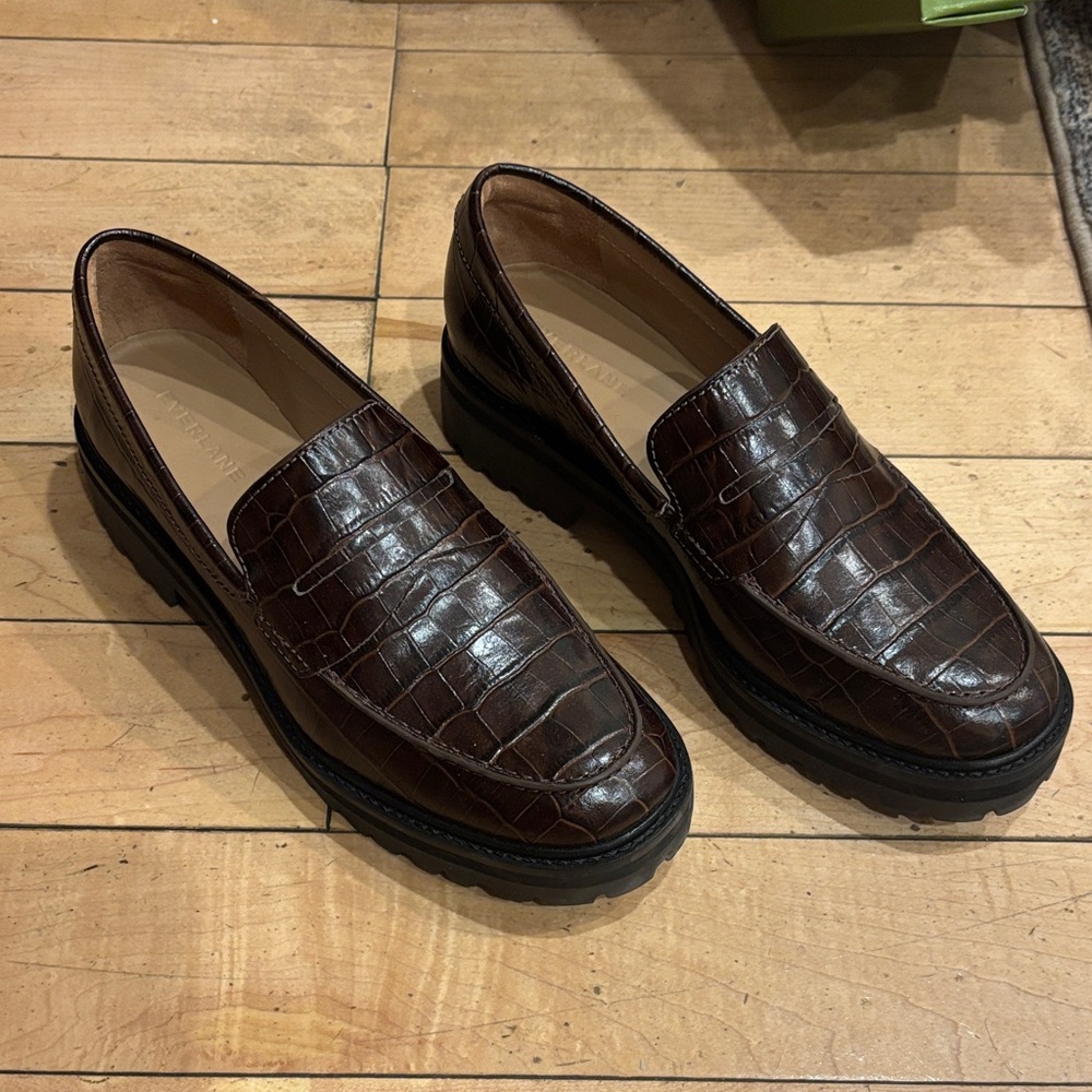 Everlane Brown Croc-Embossed Platform Loafers